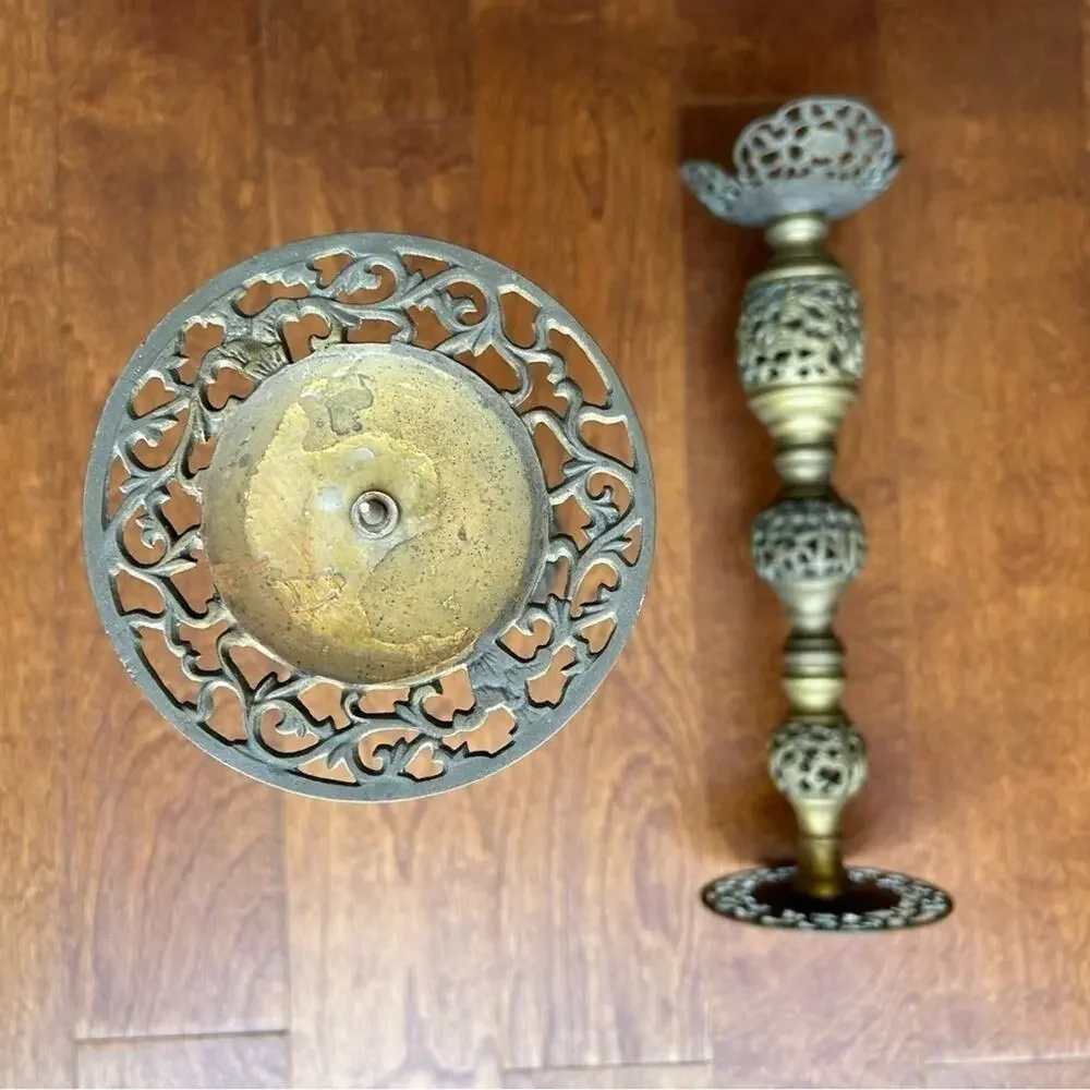 Vintage Oversized Moroccan Pierced Brass Candle Holders, Set of 2, Nice Patina